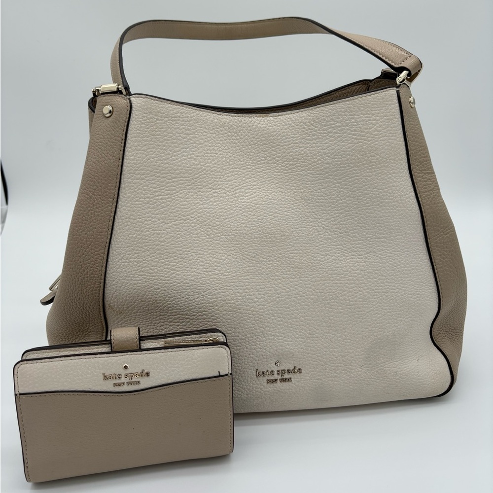 KATE SPADE‎ LEILA MEDIUM SHOULDER BAG SAND BEIGE CREAM LEATHER With Wallet